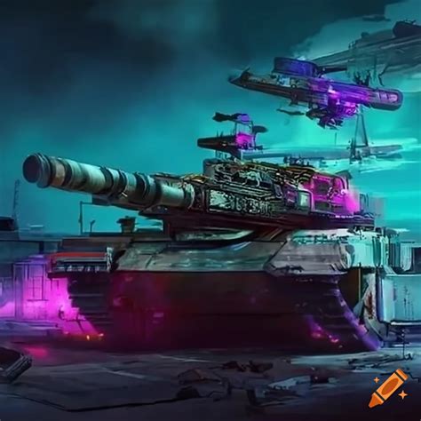 Cyberpunk tank unleashing firepower on Craiyon