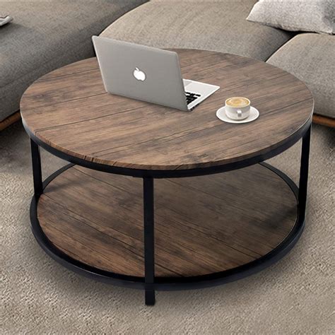 36”Round Coffee Table, Rustic Wooden Surface Top & Sturdy Metal Legs Industrial Sofa Table for ...