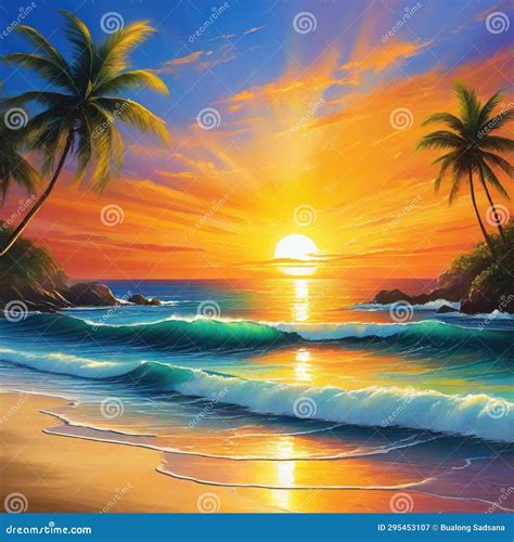 Sunset Painting with the Ocean on the Stock Illustration - Illustration ...