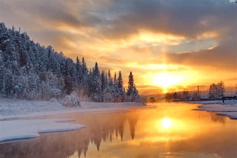 winter, River, snow, Sunrise - Beautiful views wallpapers: 4500x3000