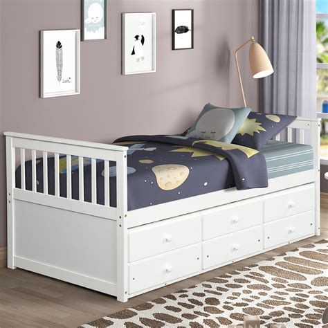 New White Twin Bed Frame with Drawers, Kids Captain's Bed with Trundle Bed, Heavy Duty Modern ...
