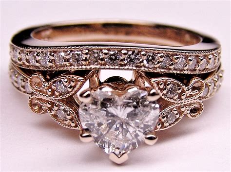 Engagement Ring -Heart Shape Diamond Butterfly Vintage Engagement Ring & Matching Wedding Band ...