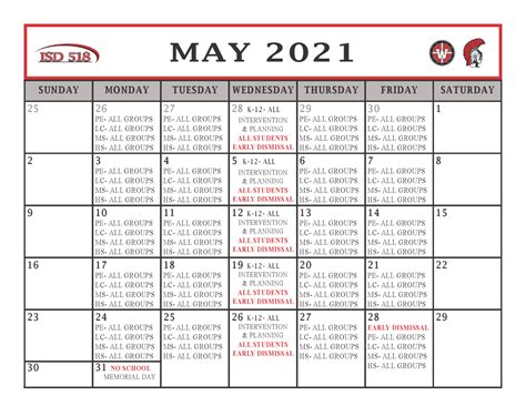 ISD 518 May 2021 Learning Groups Calendar – Independent School District 518