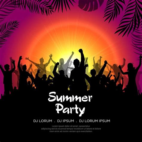 Summer time party design background with happy youth silhouette vector ...