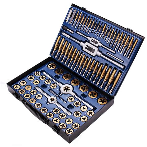 Drillpro 86pcs tungstem steel plating titanium sae tap and die set combination metric tools kit ...