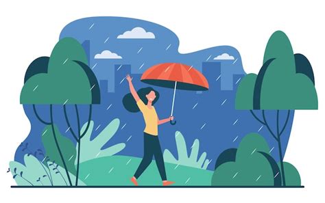 Free Vector | Happy woman walking in rainy day with umbrella isolated flat vector illustration ...