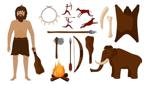 Set neanderthal. Different tools for caveman hammer, axe, spear, bow ...