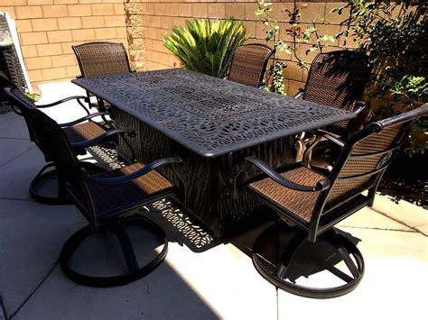 Fire pit dining propane table set 7 piece outdoor cast aluminum patio ...