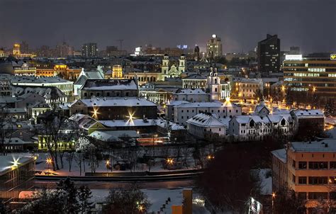 Wallpaper winter, night, lights, river, old town, Belarus, Minsk, Belarus, Nemiga, Minsk ...