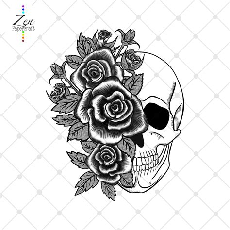 Black & White Roses and Skull Print Monochromatic Skull And | Etsy