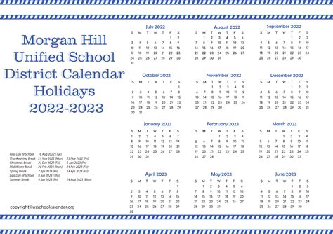 Morgan Hill Unified School District Calendar Holidays 2022-2023