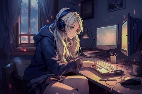 Anime girl with headphones and a laptop Generative AI | Premium AI-generated image