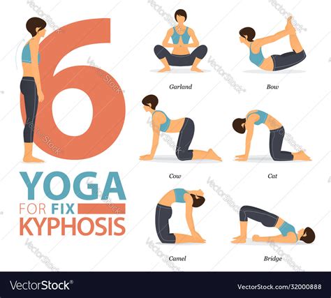 6 yoga poses for workout in kyphosis fix concept Vector Image