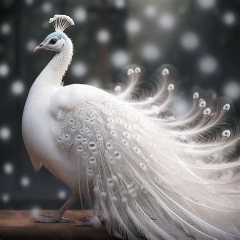 Premium AI Image | A white peacock with blue feathers is standing on a ledge.