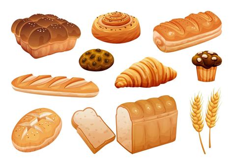 Bread illustration set. Bakery pastry products isolated on white ...