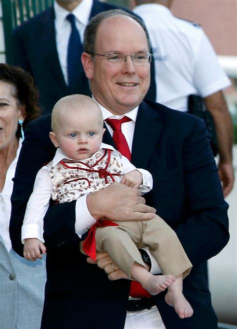 Prince Albert II of Monaco arrives with his son Prince Jacques to take part in the traditional ...