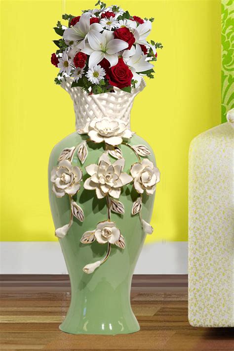 Tall Green Ceramic Flower Vase with Handmade Porcelain White Flowers | Ceramic flowers, Green ...