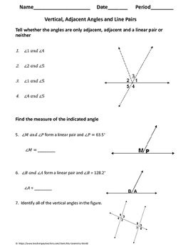 Geometry Worksheet: Vertical, Adjacent, and Linear Pair Angles | TPT