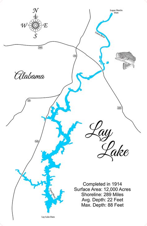 Lay Lake, Alabama - Laser Cut Wood Map