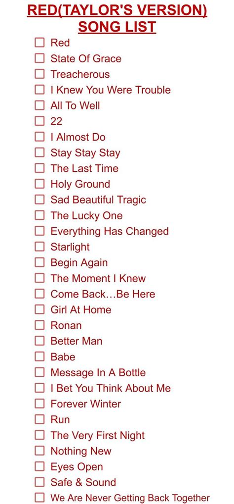 the red taylor's version song list is shown in this image, with words ...