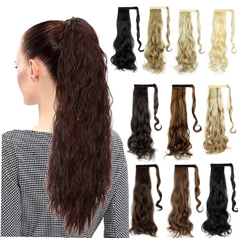 Long Wave Ponytail Extension Synthetic Wavy Curly Wrap Around Clip in Ponytail Hair Extensions ...