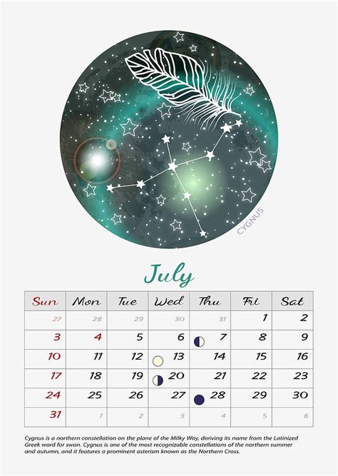 July 2022 calendar Cygnus constellation Moon phase calendar Moon calendar 2022 Constellation ...