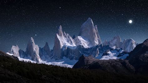 Starry Night Sky Snowy Mountain 4K #3820h Wallpaper PC Desktop