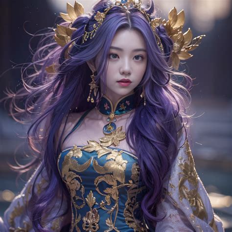 Genki Girl 32K（tmasterpiece，k hd，hyper HD，32K）Long flowing bright purple hair，Autumn Pond，zydink ...