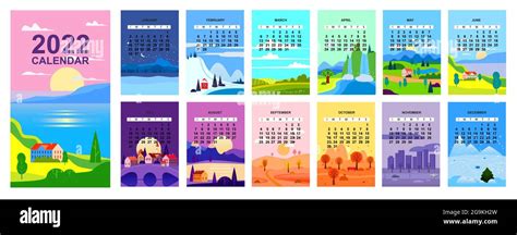 2022 Calendar landscape natural backgrounds of four seasons. Winter ...