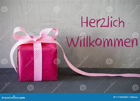 Pink Present, Herzlich Willkommen Means Welcome Stock Photo - Image of ...