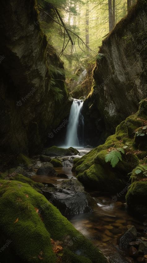 Premium AI Image | A waterfall in a dark cave with a green mossy wallpaper