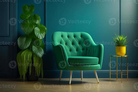 Green armchair inside modern wooden living room on empty green wall ...