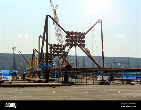 Oil rig platform during construction site in the harbor yard and ...