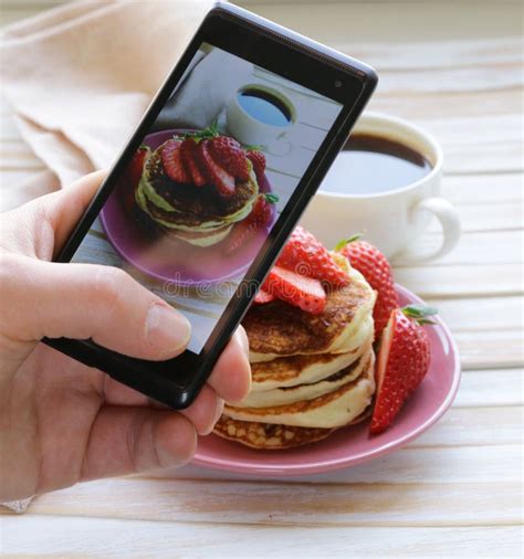 Smartphone Shot Food Photo - Pancakes for Breakfast with Strawberries Stock Image - Image of ...