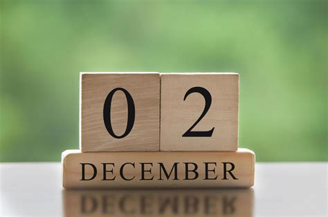 December 2 text on wooden blocks with blurred nature background. Copy space and calendar concept ...