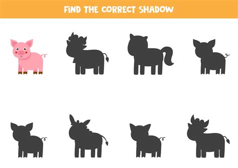 Find the correct shadow of cute pig. Logical puzzle for kids. 2069349 ...