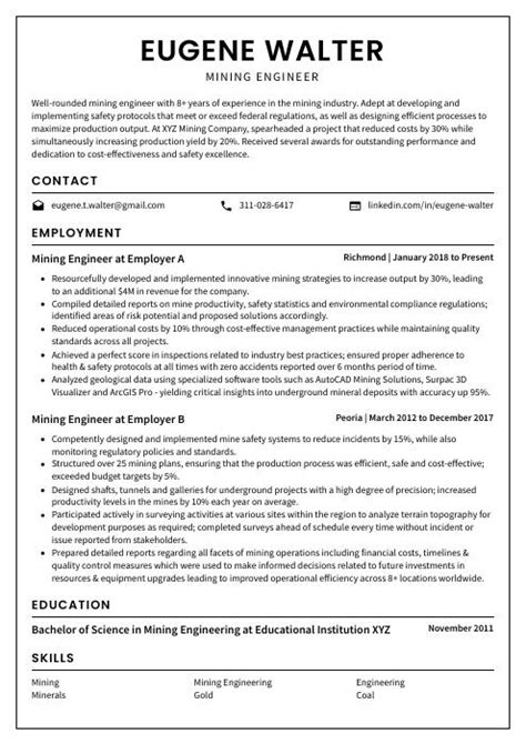 Mining Engineer Resume (CV) Example and Writing Guide