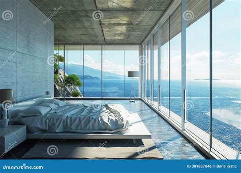 Minimalist Bedroom with Panoramic Ocean Sea View: Modern Coastal Interior Stock Photo - Image of ...