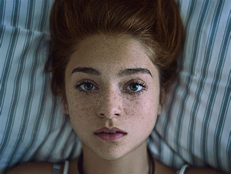 Beautiful portrait of a girl with freckles lying down on a pillow. Freckle Photography, Portrait ...