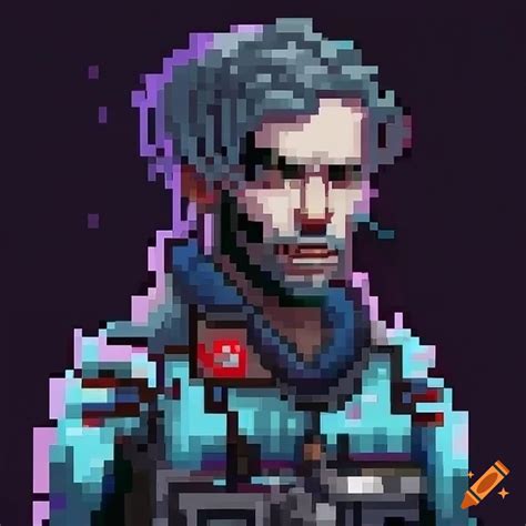 Detailed cyberpunk pixel art male character portrait with tech parts on Craiyon