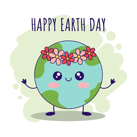 Cute cartoon kawaii earth character on a green background. Happy Earth day greeting card. Hand ...