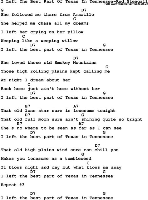 Country Music:I Left The Best Part Of Texas In Tennessee-Red Steagall Lyrics and Chords