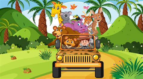 Safari scene at daytime with wild animals on the tourist car 2211566 Vector Art at Vecteezy