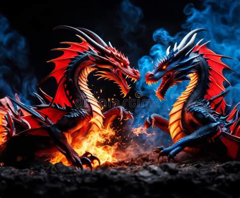 Two Dragons Roaring and Fighting in Fire Stock Illustration ...