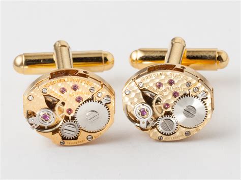 Steampunk cufflinks watch movements with gears oval gold tone cuff links • Steampunk Nation ...