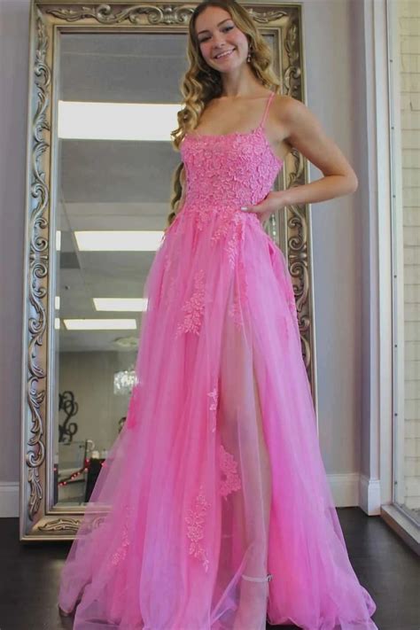 Cheap Hot Pink Prom Dresses 2023 Lace Tulle Formal Dress With Slit · MychicDress · Online Store ...