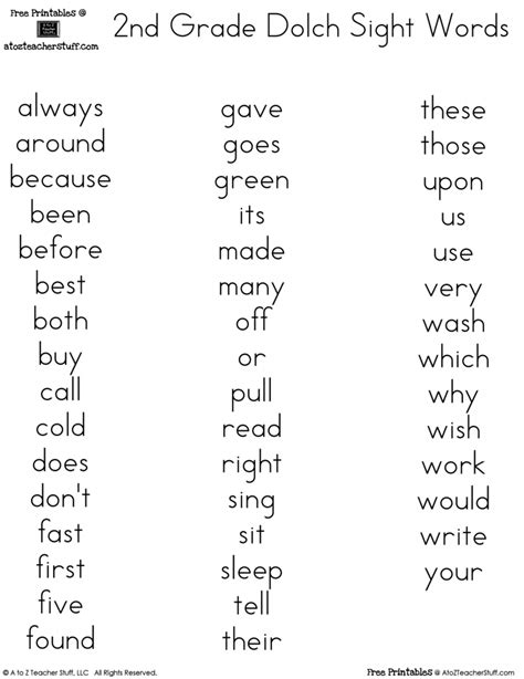 free printables 2nd Grade Dolch Sight Words | 2nd grade spelling words ...