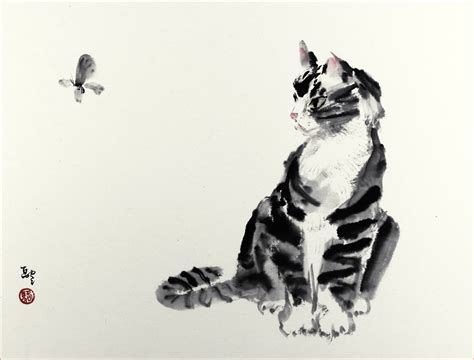 Amazon.com: Concentration, Asian Sumi-e Cat Painting, Giclée Print, 10 ...