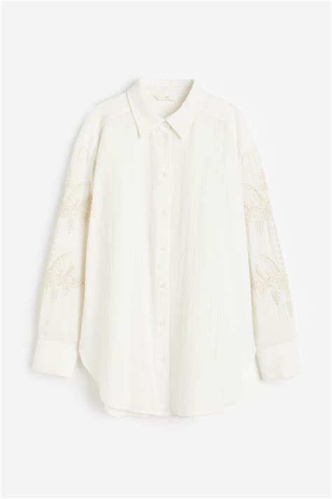 Embroidered shirt - Long sleeve - Regular length - White - Ladies | H&M GB