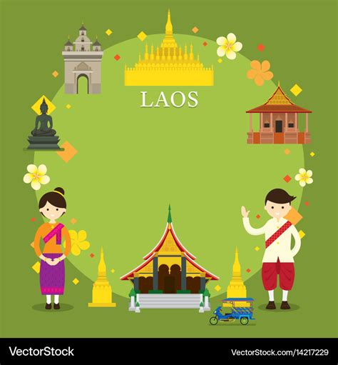 Laos landmarks people in traditional clothing Vector Image